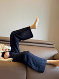 Fongt Class Recommendation!High-End Rain-Dew Linen Ready-On-Wear~ Tibetan Blue Casual Trousers Women's Soft Skin Straight Trousers