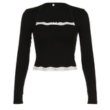 French Lace Trim Splice Slim Long Sleeve Tee-Outfit
