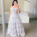 Fongt New Spring And Summer Women's Dress A Word Broken Shoulder Long Printed Fairy