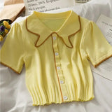 Summer Women Knitted Short Sleeve Patchwork Polo Collar Cropped T-shirts Girls Large Elastic Slim Tshirt Tees Crop Tops-Outfit