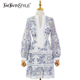 TWOTWINSTYLE Blue Elegant Print Dress For Women V Neck Lantern Long Sleeve High Waist Mini Dresses Female Spring Fashion