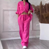 Fongt New Women's Solid Color Single-Button Long-Sleeved Shirt Two Sets Of Wide Leg Trousers With