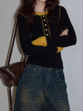Fongt Design Sense Black Collar Splicing Woman 2025 Autumn High-End Temperament Waist Repair Knitted Long-Sleeved Top