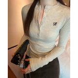 Button Half-Open Collar Embroidery Short Casual Style Minority Long-Sleeved T-Shirt New Spring Blouse For