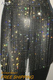 Women New Solid Tassel Sexy Two Piece Set Rhinestone V Neck Sleeveless Halter Backless Top Camis Hollow Out Party Mini