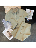 Fashion Lapel Elegant Short Sleeve Shirt Coat + High Waist A Line Mini Short Skirt Spring Women's Two Piece Skirt