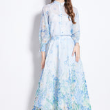 Fongt Women's Clothing Two Sets Of Famous Temperament Lantern Cuffs Buckle On The Body Of High-Waist Printing Net Yarn Skirt
