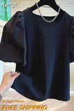 New T-Shirts Causal O-neck Patchwork Puff Sleeve Shirts for Women Chic Korean Sweet