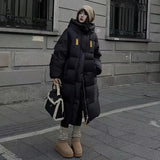 Korean Version Of Big Quilt Down Jacket Female Long Style 2024 Winter New Thickened Ribbon Hood Extremely Cold Warm Coat Plus Size-Outfit