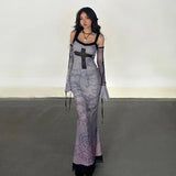 Sling Lace Splicing Cross Print Slim Dress Dark New Gothic Dress Woman-Outfit