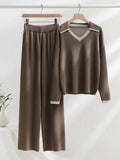 Knitted Sets Tracksuit Women V-Neck Long Sleeve Pullover High Waist Wide Leg Pants Casual 2 Piece Sets Womens Outfits-Outfit