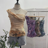 Net Yarn Printed Slanted Shoulder Sling Vest Retro Design Folding Temperament Short Blouse