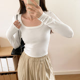 Color Straight Shoulder Slim Square Collar Threaded Short-Sleeved T-Shirt Early Autumn All Look Thin Undershirt-Outfit