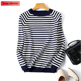 Sleeve Knit Pullover Tops Women Spring Summer Stripe Tshirts Korean White Black Knitwear Jumper Tee New