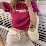 Style Baby Embroidery Pink T Shirts Women Harajuku Summer Stretch Knitted Short Sleeve Crop Top Tee T-shirt
