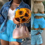 movement Shorts pants Women Elastic High Waist Beyouare Summer Blue English Letter printing Loose Solid Lady