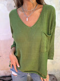 Fongt New Autumn And Winter V-Neck Long Sleeve Pocket Casual Knitted Sweater Top