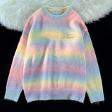 Girls Gradient Rainbow Striped Sweater Women O-neck Oversized Pullover Winter Y2K Tops Kawaii Clothes Harajuku