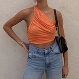Ruched One Shoulder Crop Top-Outfit