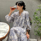 Fongt Chic Spring French Vintage V-Tie Bow Ink Print Design Loose Long Sleeve Dress-Outfit
