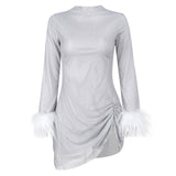 Autumn Bling Glitter Long Sleeve Side Slit Sexy Mini Dresses For Women Feather New Fashion Party Clubwear Y2K Fall Outfits-Outfit
