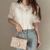 Fongt Top Retro Women's Summer 2025 New Lace Lace Hollow Shirt Temperament Slim Chic Short-Sleeved