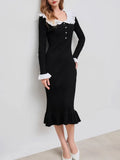 Fongt Retro-Collending Lotus Leaf-Side Elegant Knitted Dress Slimy Temperamental Dress