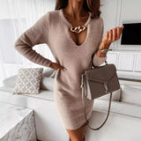 Hot Style Autumn And Winter Simple Long Sleeve Chain Decoration V Collar Dress Women's Clothing-Outfit