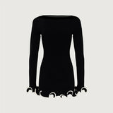 Long Sleeve Knit Ruffled Trim Mini Dress-Outfit