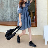 Girly Style Retro Square Collar Puff Sleeve Denim Skirt All-Matching Youthful-Looking Dress Women's Summer Denim