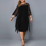 Fongt Women's Lace Splicing Seven-Sleeve Irregularly Sleeves Chiffon Dress Women