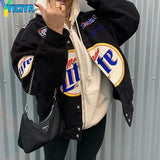 New Bomber Jacket Women 2022 Printed Zipper Long Sleeve Vintage Female Jacket Sport Style Polyester Women Varsity