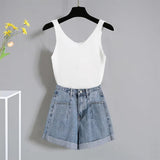 Women Summer 3 Piece Set Polka Half Sleeve Sunscreen Shirts + Knitted Vest + Denim Shorts Sets Korean Women