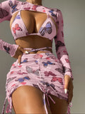 2023 New Butterfly Print Drawstring Strap Sexy Four-Piece Swimsuit