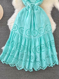 Temperament Flying Sleeve V Collar Waist Shows Thin A Word Big Pendulum Hollowed-Out Dress Seaside Holiday Long Skirt-Outfit