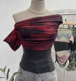 Real Shooting Can Wear Two-Wear Art Dizzy Net Yarn Spliced A Word Shoulder T-Shirt To Repair The Chest Short Babes Top