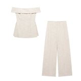 New Side Split Shoulder Blouse 8202351 High Waist Wide Leg Pants 8199151-Outfit