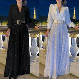 Fongt Long-Sleeved Temperament Elegant Waist Display Thin V-Neck Broad Leg Trousers Set Without Belt