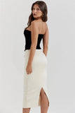 Black Lace Up Tube Top And White Satin Midi Skirt Set-Outfit