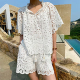 Fongt Women's Clothing Famous Faswear Holiday Set Women's Fashion French Design With White Embroidery Top Shorts