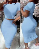 Fongt Round Neck Short Sleeve Show Waist Sexy T-Shirt Wrapped Buttock Skirt