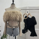 Sexy Wind Shoulder Hair Knitted Shirt Girl Short To Make Old Broken Long-Sleeved T-Shirt Top