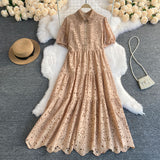 Version Dress Summer Lapel Hollowed-Out Embroidery Aging Bubble Sleeve Loose Medium And Long Bohemian Holiday Dress-Outfit
