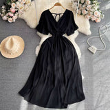 Fongt Summer New Temperament V-Neck Elasticity To Collect The Waist Of The Long Seaside Vacation Beach Chiffon Dress Woman