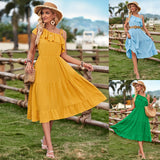 Fongt Summer Leisure Clear New Women's Single Shoulder Solid Color Flounce Waist Dress-Outfit