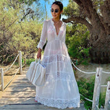 Fongt Chiffon Patchwork Lace Dress Loose Beach Blouse Mask Beach Robe Coat Women's Beach Sunscreen