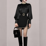 Korean Ladies Light Luxury Design Two Piece Suit Lantern Sleeve Beading Top High Waist Slim Short Skirt