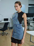 Trend-Collyed Denim Dress 2025 Summer New Mesh Spliced Sleeveless Round Collar Short Fashion Dress