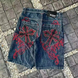 Trend Original Suguth Full Embroidered Blue Denim Shorts High Street Leisure Wide-Legged Pants-Outfit