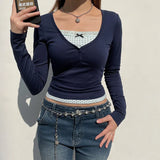 V-neck Lace Patchwork Bow Long Sleeve Tee-Outfit